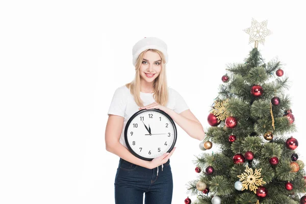 Portrait Young Woman Santa Claus Hat Holding Clock Christmas Tree — Stock Photo, Image