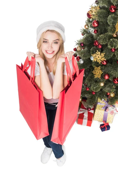 클로스 크리스마스 가방에에서 여자의 — 스톡 사진