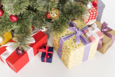 close up view of wrapped presents under christmas tree isolated on white clipart