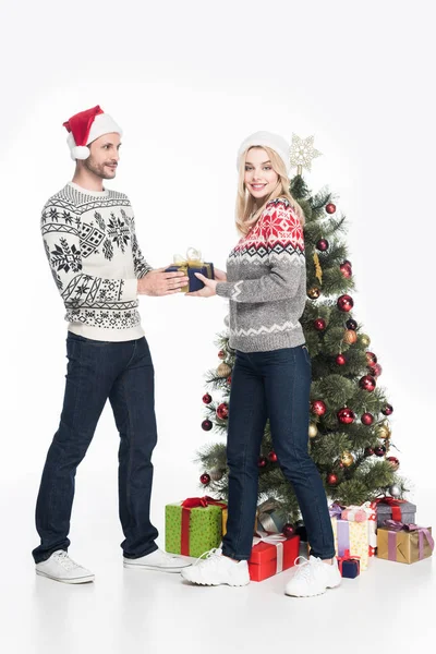 白で隔離のクリスマス ツリーでガール フレンドにラップされたギフトを提示する男の側面図  — 無料ストックフォト