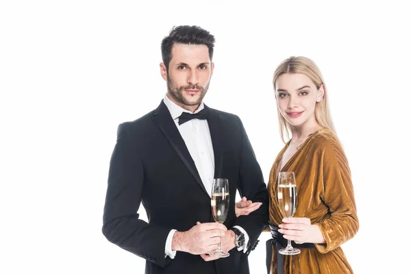 Porträtt Attraktiva Par Med Glas Champagne Isolerad Vit — Stockfoto