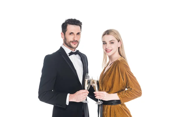 Portret Van Attaractive Paar Rammelende Glazen Champagne Geïsoleerd Wit — Stockfoto