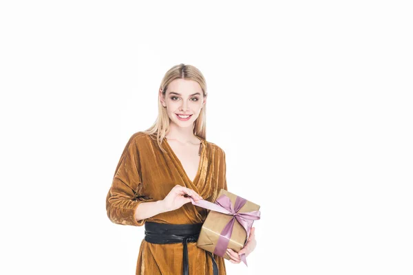 Portrait Smiling Young Woman Wrapped Gift Hands Isolated White — Stock Photo, Image