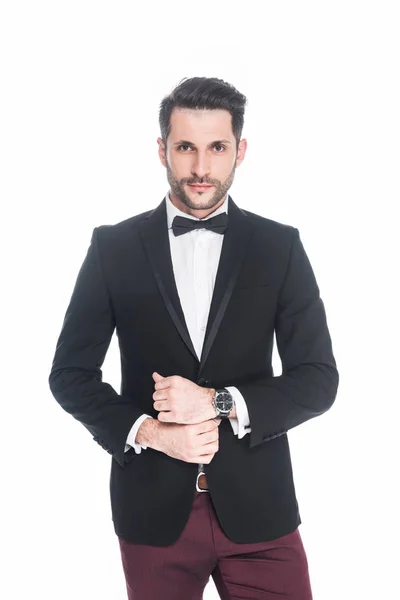 Portrait Handsome Man Fashionable Suit Looking Camera Isolated White — Stock Photo, Image