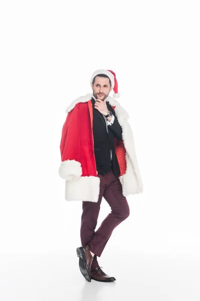 Nadenkend Man Santa Claus Kostuum Zoek Weg Wit Wordt Geïsoleerd — Stockfoto