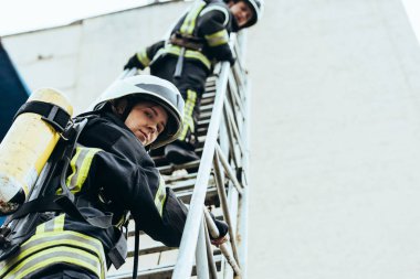 low angle view of firefighters in helmets standing on ladder and looking at camera clipart