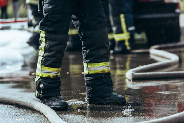 partial view of brigade of firefighters and water hose on ground on street