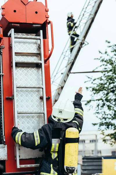 Back View Female Firefighter Fire Extinguisher Back Gesturing Colleague Ladder — Free Stock Photo