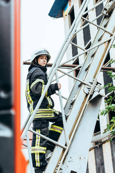 female firefighter in protective uniform and helmet standing on ladder on street