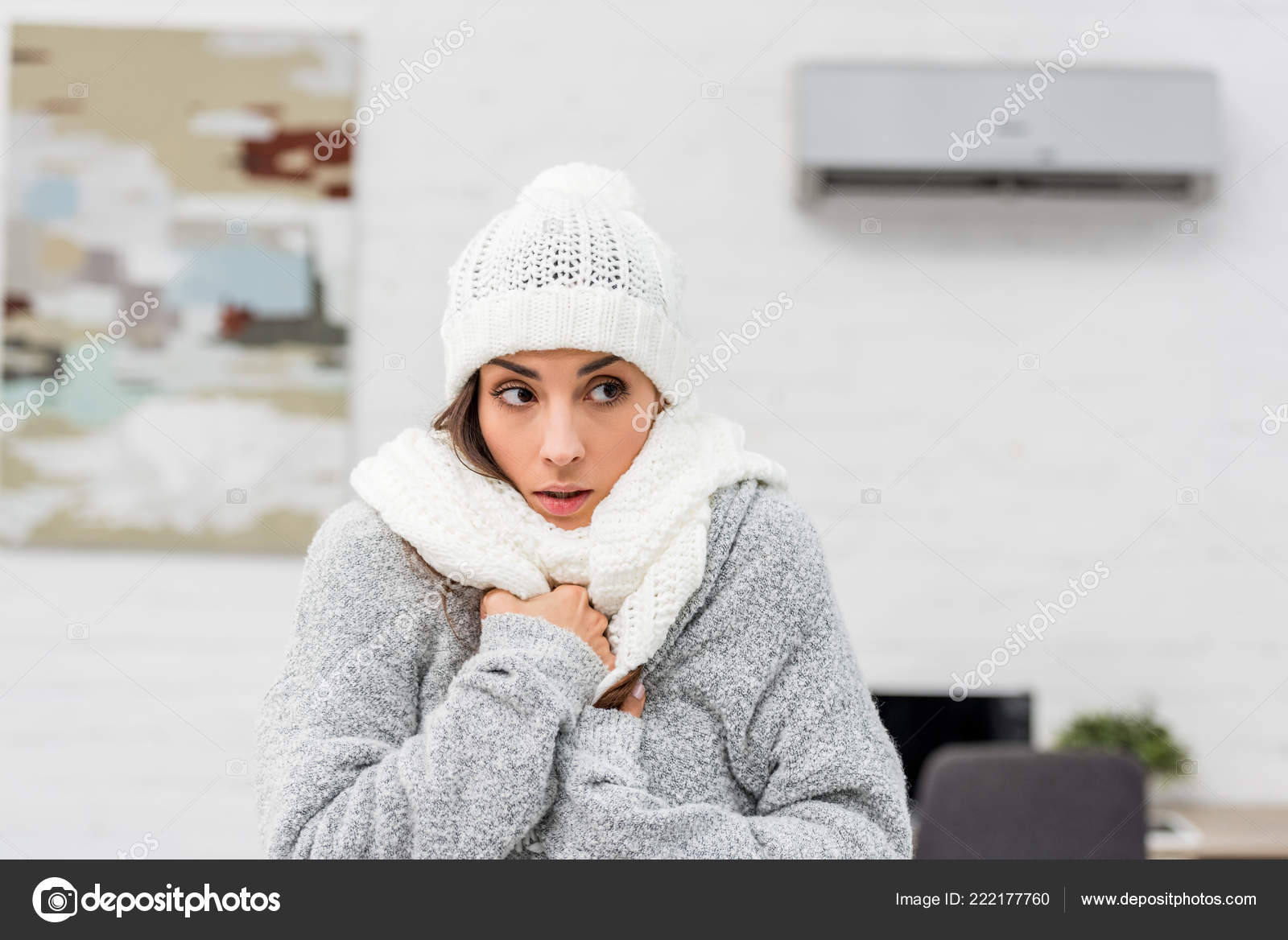 Close Portrait Freezing Young Woman Warm Clothes Air Conditioner Background Stock Photo By C Igorvetushko Close Portrait Freezing Young Woman Warm Clothes Air Conditioner Background Stock Photo By C Igorvetushko
