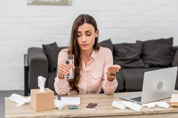 Sick Young Businesswoman Scarf Holding Pill Glass Water Workplace — Stock Photo, Image