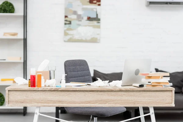 Messy Office Workplace Laptop Various Medicines — Stock Photo, Image