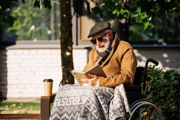 Senior Disabled Man Wheelchair Palid Reading Book Street — Free Stock Photo