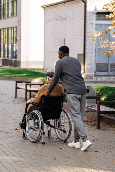 Visão Traseira Idoso Com Deficiência Cadeira Rodas Enfermeira Andando Rua — Fotos gratuitas