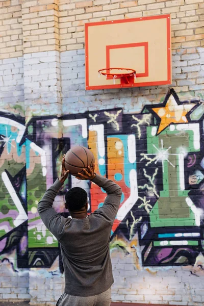 Handsome African American Man Throwing Basketball Ball Ring Street — Stock Photo, Image