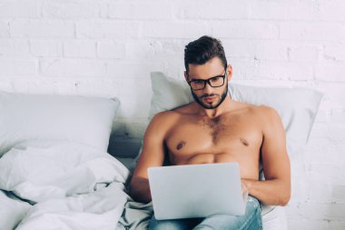 Kas gövde üstünde laptop yatakta evde çalışma ile yakışıklı gömleksiz erkek serbest meslek