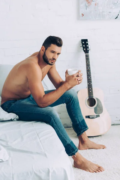 Handsome Shirtless Man Jeans Drinking Coffee Cup Morning Time Bedroom — Stock Photo, Image