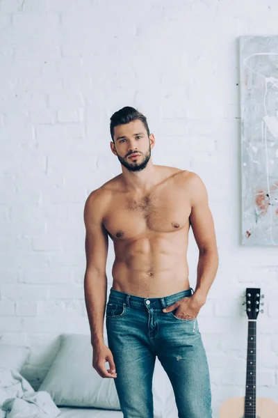 Young Handsome Shirtless Man Muscular Torso Posing Bedroom Home — Stock Photo, Image