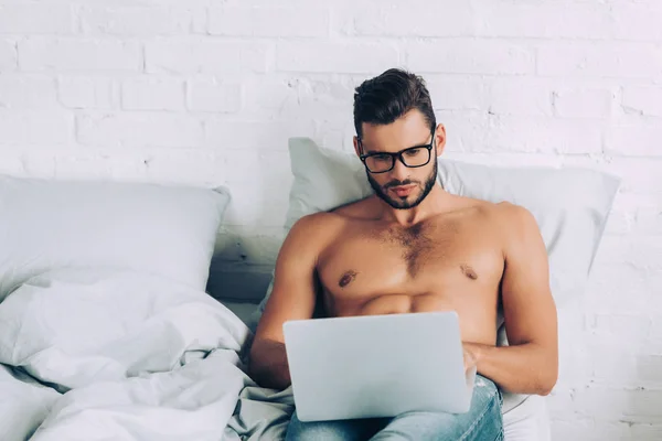 Bonito Shirtless Masculino Freelancer Com Muscular Torso Trabalhando Laptop Cama — Fotografia de Stock