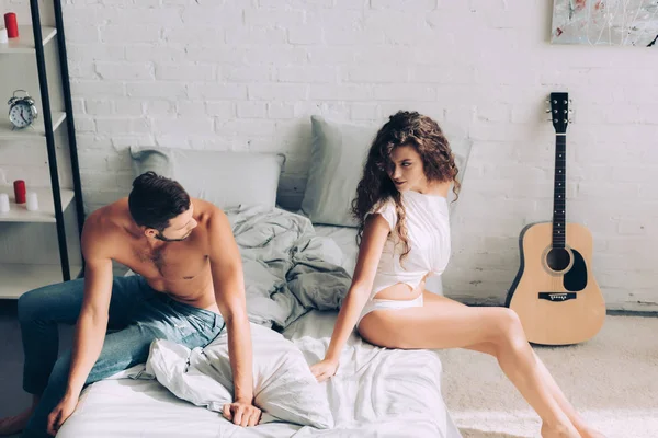 High Angle View Couple Sitting Bed Looking Each Other Morning — Stock Photo, Image