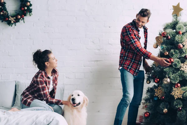 Vista Lateral Niña Acariciando Golden Retriever Mientras Novio Decorando Árbol —  Fotos de Stock