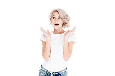 Fantastic beautiful surprised woman with slightly open mouth isolated on white clipart