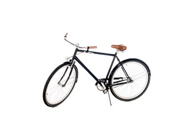 Black bicycle with wooden seat isolated on white clipart