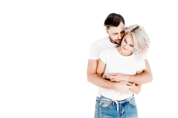 Beautiful Young Adult Couple Hugging Isolated White — Stock Photo, Image