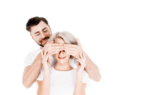 Homem Fechando Olhos Bela Mulher Loira Isolada Branco — Fotografia de Stock Grátis