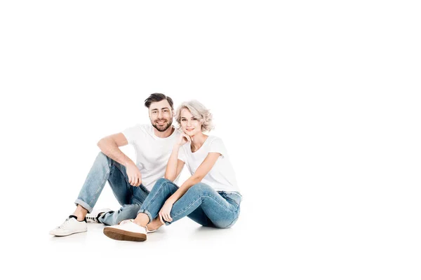 Wonderful Couple Looking Camera Other Sitting Isolated White — Stock Photo, Image