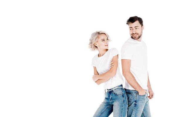 Casal Maravilhoso Volta Para Trás Enquanto Sorrindo Para Outro Isolado — Fotografia de Stock