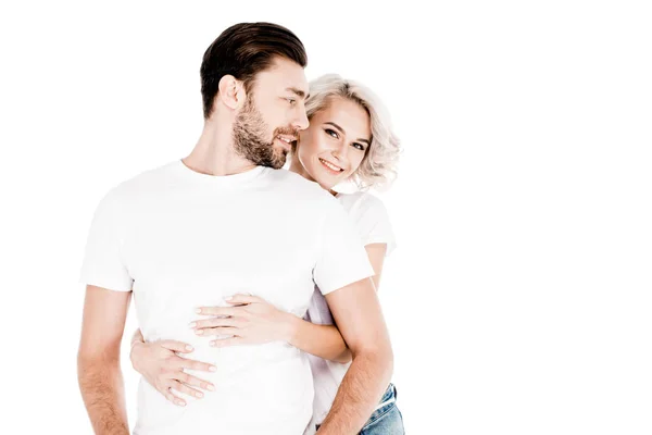 Indah Tersenyum Pasangan Erat Erat Memeluk Terisolasi Atas Putih — Stok Foto