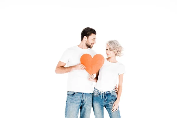 Große Attraktive Paar Mit Zeichen Liebe Isoliert Auf Weiß — Stockfoto