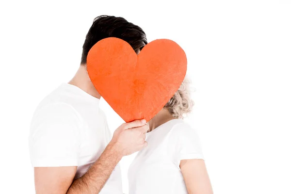 Grande Casal Atraente Segurando Sinais Amor Isolado Branco — Fotografia de Stock