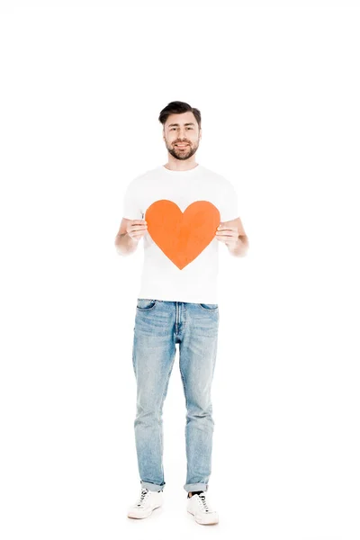 Handsome Man Showing Red Big Heart Shape Sign Isolated White — Free Stock Photo