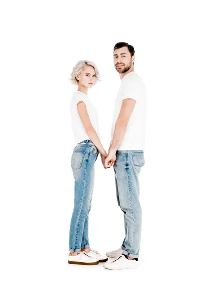 Maravillosa Pareja Adultos Yound Camisetas Blancas Jeans Tomados Las Manos — Foto de Stock