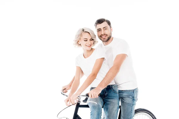 Wonderful Couple Riding Bicycle Together Isolated White — Stock Photo, Image