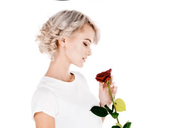 Beautiful woman holding red flower isolated on white clipart