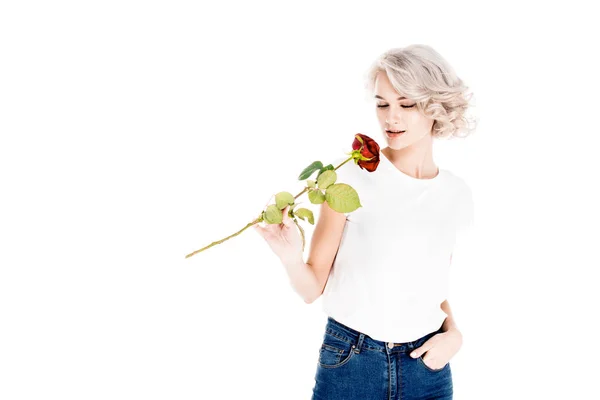 Εξαιρετικό Νεαρή Ενήλικη Γυναίκα Μυρίζοντας Κόκκινο Τριαντάφυλλο Που Απομονώνονται Λευκό — Φωτογραφία Αρχείου