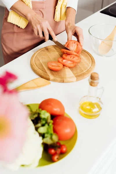 Close Mãos Femininas Cortando Tomate Para Salada — Fotos gratuitas