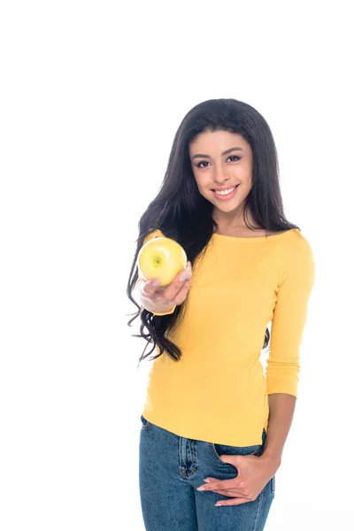 Beautiful African American Girl Holding Apple Smiling Camera Isolated White — Free Stock Photo