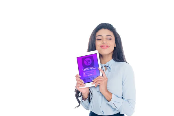 Szczęśliwa Młoda Kobieta African American Gospodarstwa Cyfrowego Tabletu Zakupów Aplikacji — Zdjęcie stockowe