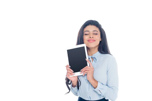 Feliz Joven Afroamericana Mujer Sosteniendo Tableta Digital Con Pantalla Blanco — Foto de Stock