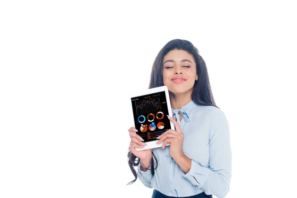 Feliz Joven Afroamericana Mujer Sosteniendo Tableta Digital Con Gráficos Negocios — Foto de Stock