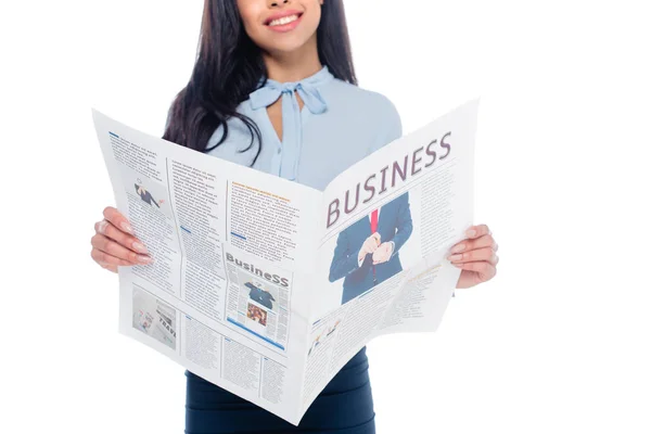 Cropped Shot Smiling African American Woman Reading Business Newspaper Isolated — Free Stock Photo