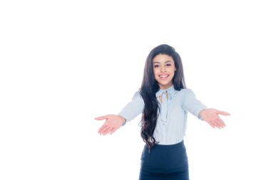 neşeli güzel Afro-Amerikan işkadını geniş kollu beyaz izole