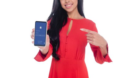 kırmızı üzerine beyaz izole facebook ile smartphone vasıl işaret içinde kadın kısmi görünümü
