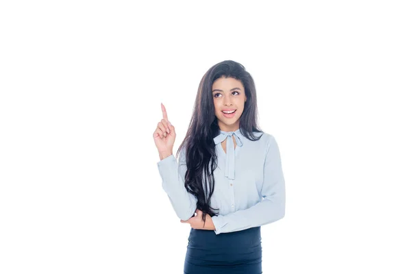 Attractive African American Businesswoman Doing Idea Gesture Isolated White — Stock Photo, Image