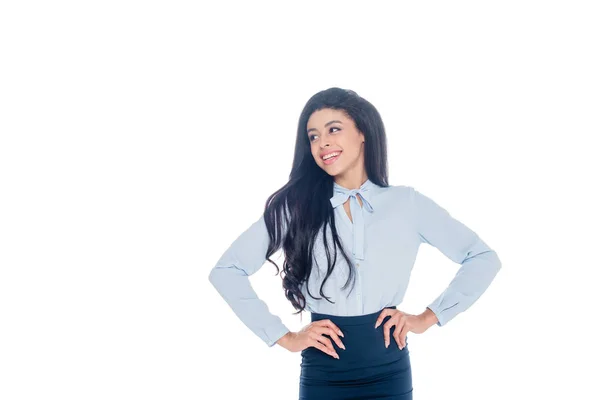 Happy African American Businesswoman Posing Hands Waist Isolated White — Free Stock Photo