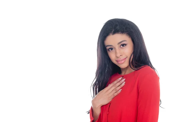 Retrato Hermosa Mujer Afroamericana Vestido Rojo Aislado Blanco — Foto de Stock